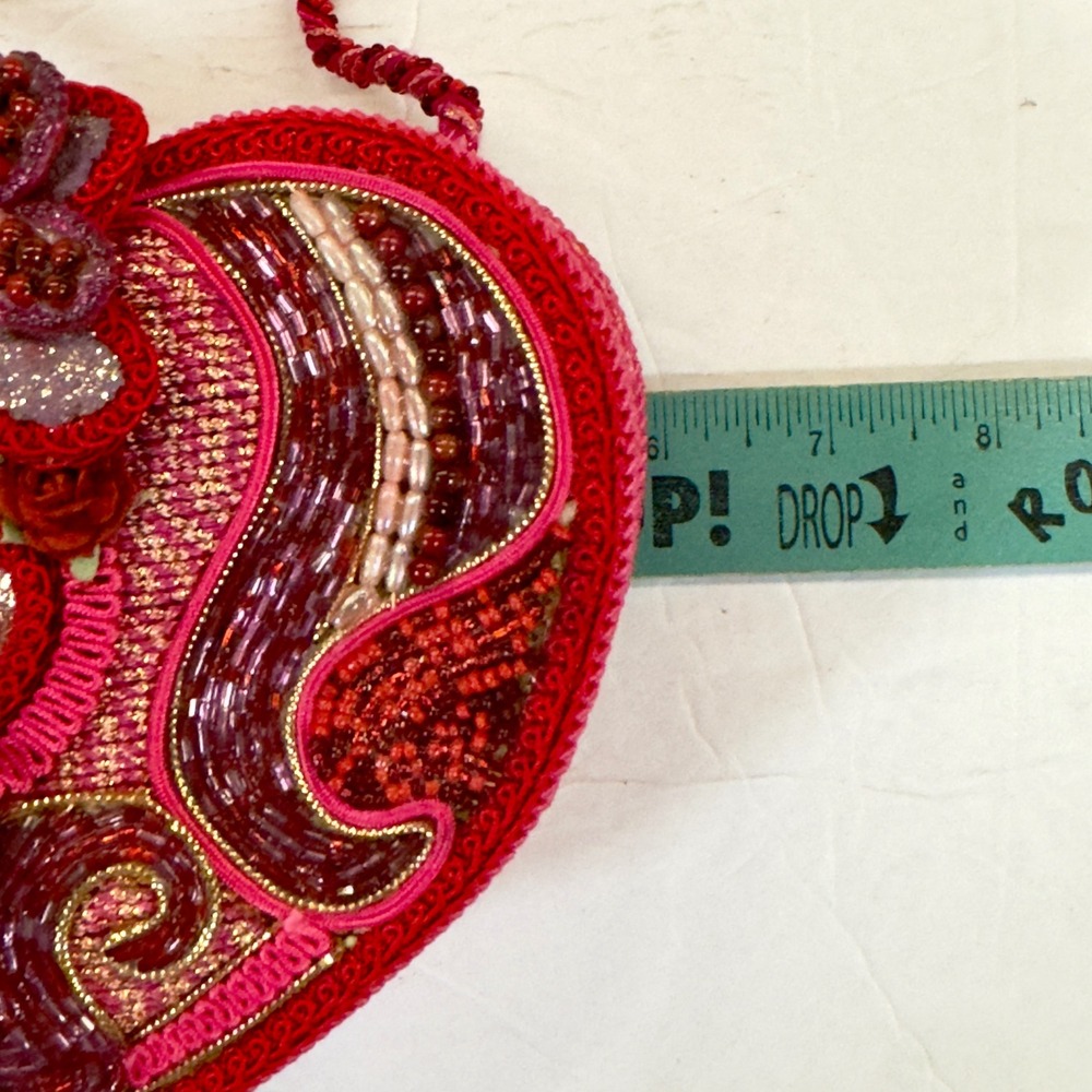Vtg Mary Frances Heart Purse Beaded Floral Crossbody Pink Red Y2K Bag Valentines - Picture 10 of 10